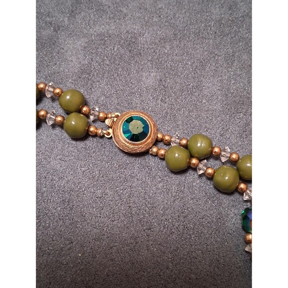 Vintage Green Blue Glass Beaded Two Strand Necklace AB Crystals - Picture 4 of 5